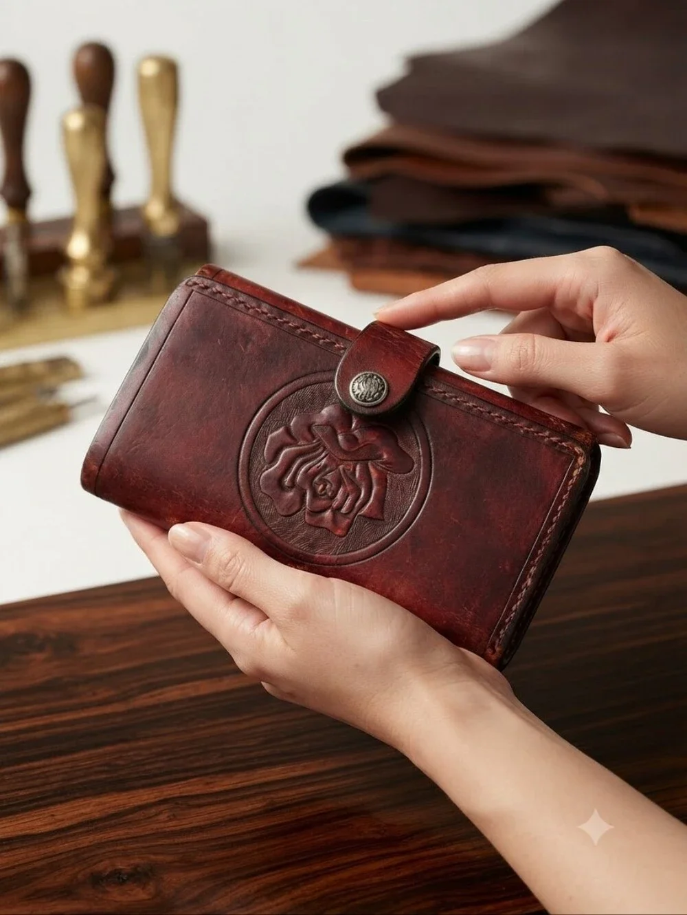 Cognac Leather Rose Floral Embossed Trifold Wallet Distressed